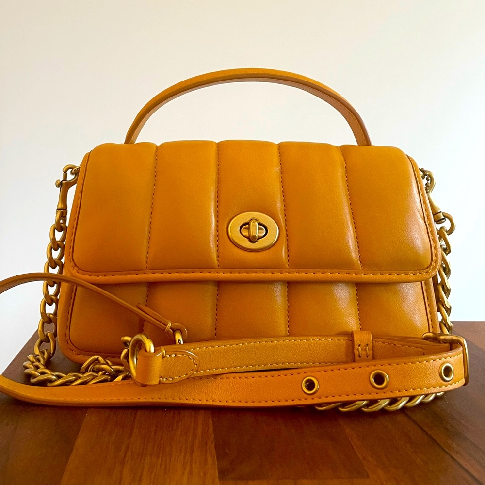 Coach Yellow / Buttercup Leather Quilted Turnlock Clutch Bag